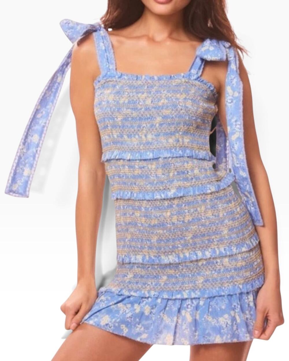 LoveShackFancy Belle Smocked Mini Dress Printed Floral Design Ruffle Bluejay L